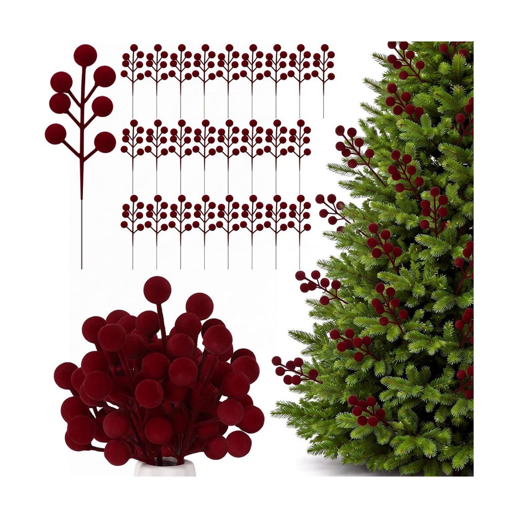 60 Pcs Burgundy 6.5 Inch Christmas Holly Berry Stems
