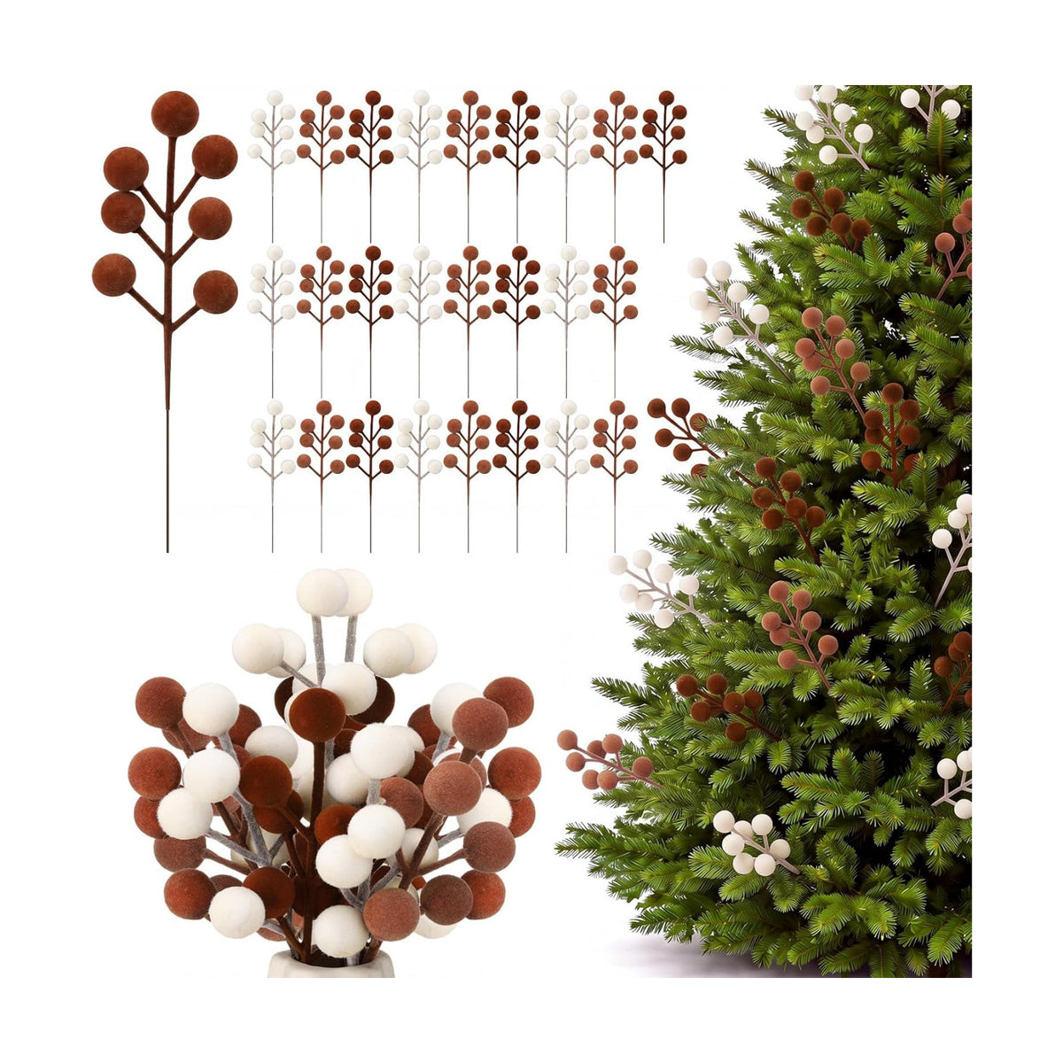 48 Pcs Brown Beige 6.5 Inch Christmas Holly Berry Stems