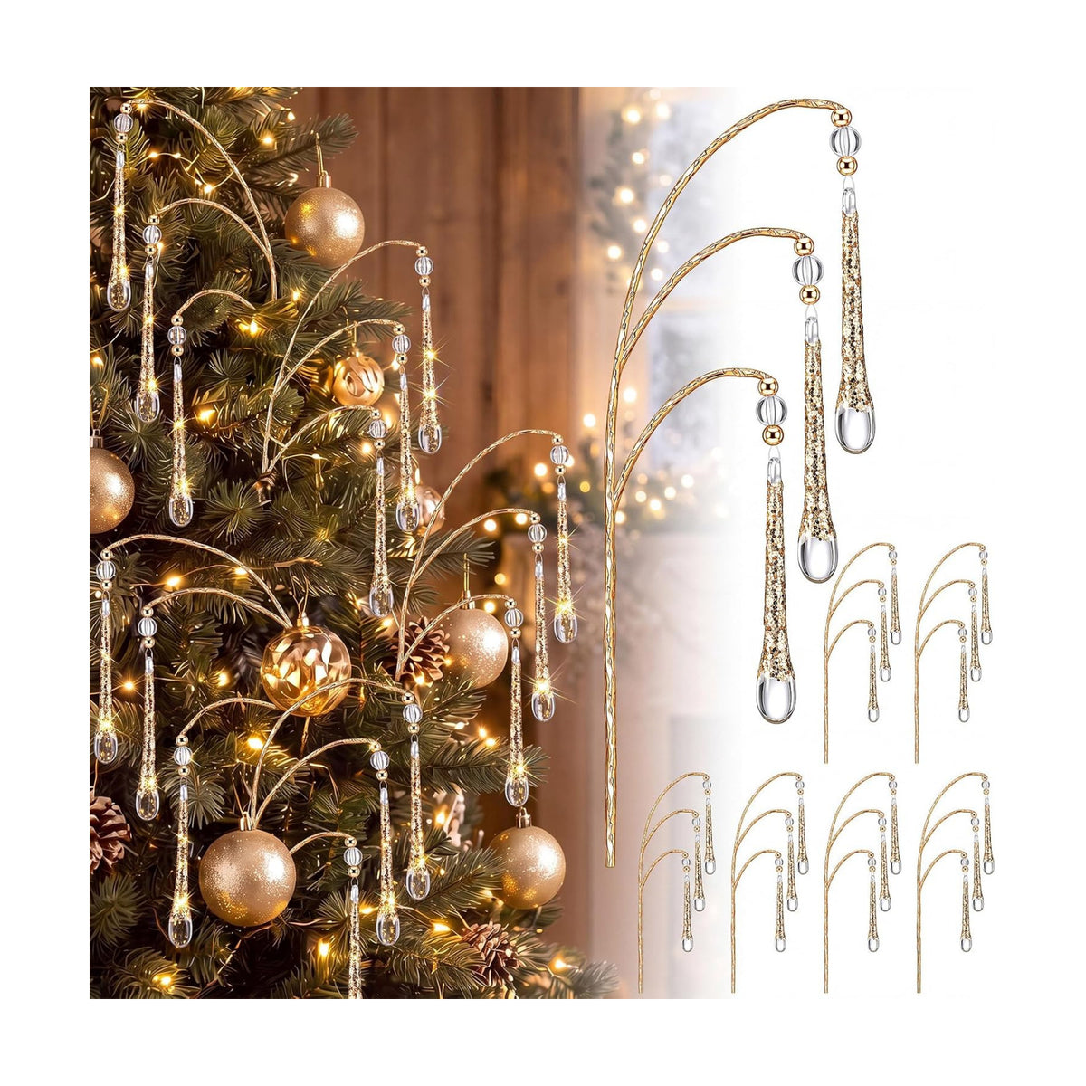 Daily 6 Pcs Crystal Icicle Christmas Tree Picks Gold Christmas Drop Branch