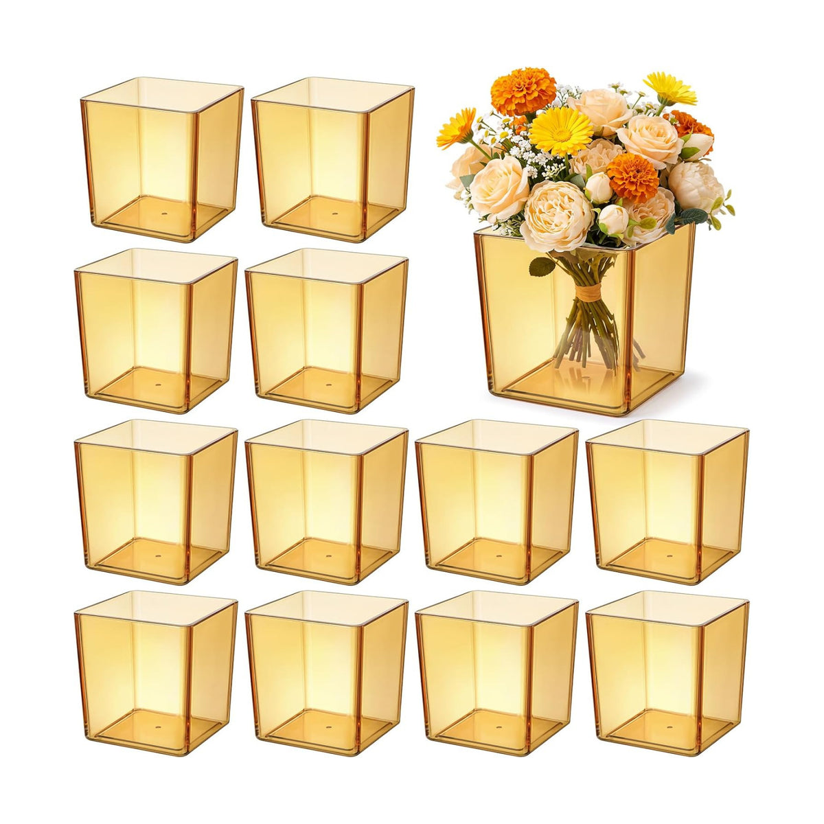 Tioncy 12 Pcs Amber Square Vase 5'' x 5'' Acrylic Flower Plastic Vases for Centerpieces Acrylic Cube Plastic Container Bulk Succulent Pots Planters for Plant Wedding Home Office Floral Decor