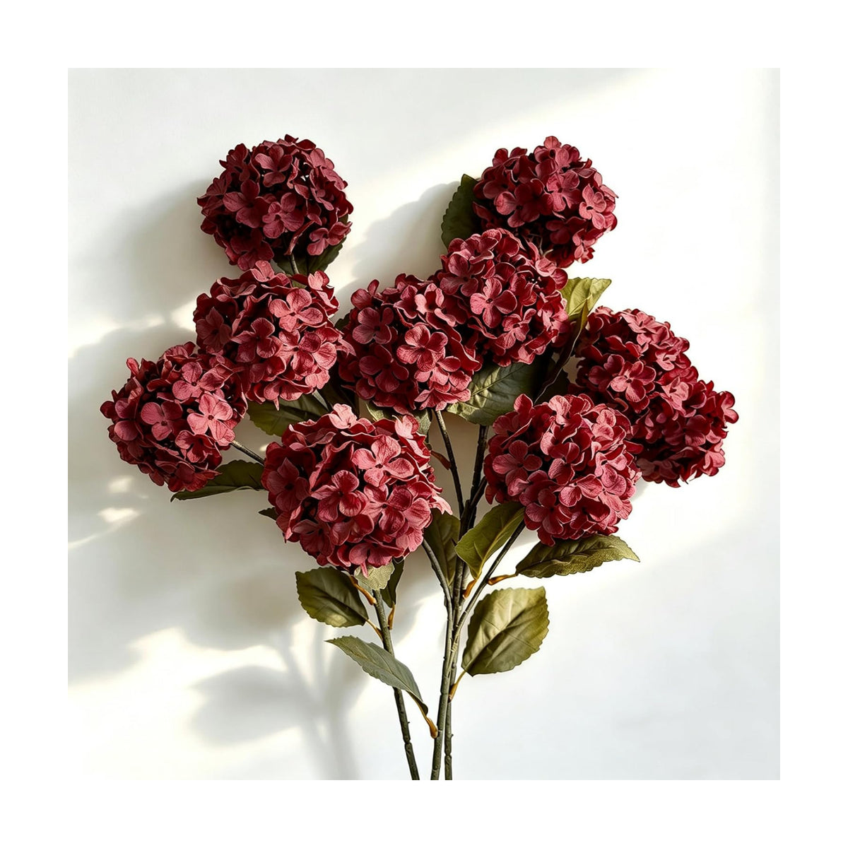 Thewe Burgundy Hydrangea Artificial Flowers – 30" Long Stem Vintage Fake Flowers, 3 Pcs, Real-Touch Silk Blooms for Rustic Home Decor, Farmhouse Wedding, Party Centerpieces, DIY Crafts