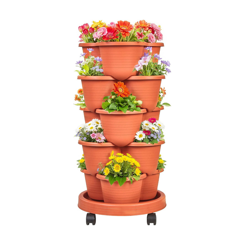 VECELO 5 Tier Vertical Garden Planter, Self Watering Stackable Planters with Wheels for Strawberries, Herbs, Flowers