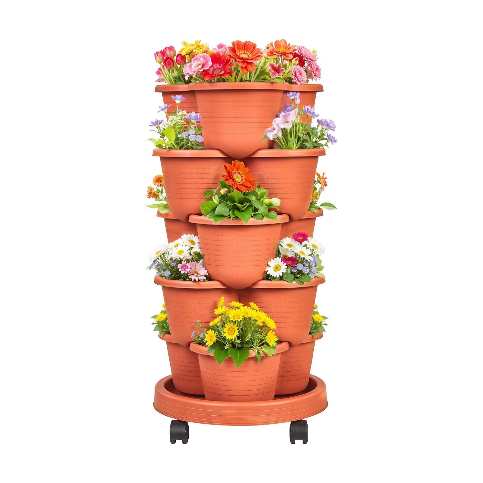 VECELO 5 Tier Vertical Garden Planter, Self Watering Stackable Planters with Wheels for Strawberries, Herbs, Flowers