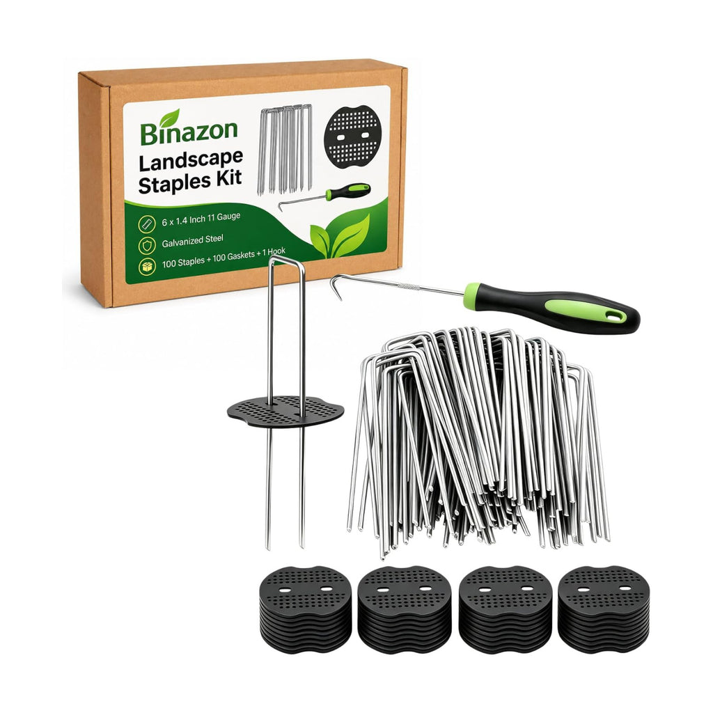 100 Pack Landscape Staples with 50 Washers, 6 Inch 11 Gauge U-Shaped Galvanized Garden Stakes, Heavy Duty Lawn Pins