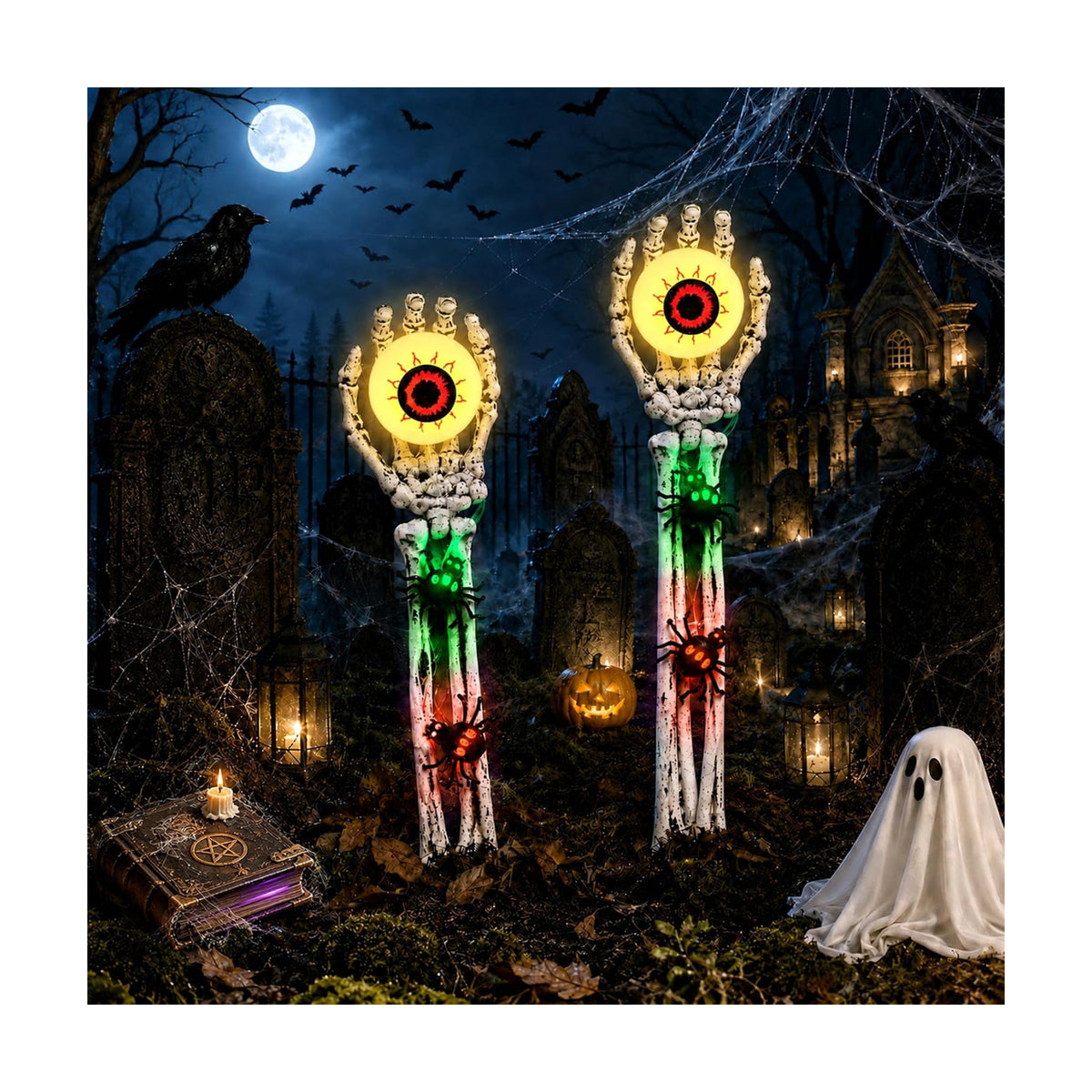Halloween Decorations Outdoor, 2 Packs Skeleton Hands with Eyeball Lights