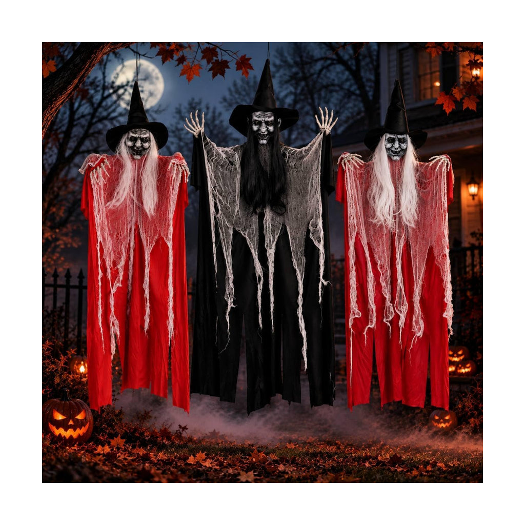 3 Pack 4 Foot Hanging Witch Halloween Decorations, Large Scary Witches with Witch Hats, Long Hair, Skeleton Hands & Tattered Robes, Hanging Halloween Decor for Indoor Outdoor Yard Porch Haunted House