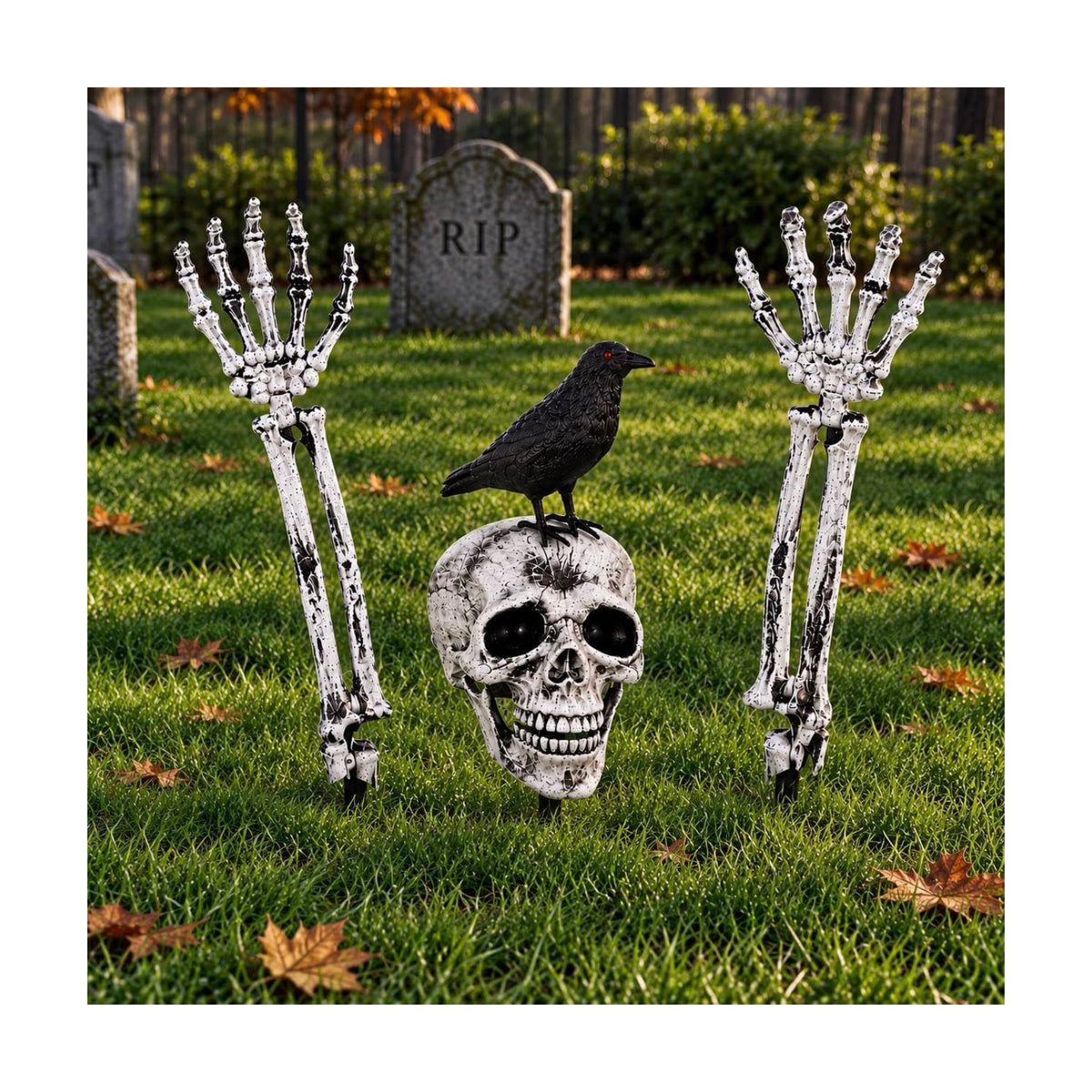 Halloween Yard Stakes Skeleton Decorations – Skull Head with Crow & 2 Skeleton Hands, 4-Piece Outdoor Halloween Decor, Skeleton Bones Ground Stakes for Yard, Lawn, Garden & Graveyard Display