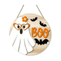Halloween Boo Ghost Wooden Door Hanger Sign,Cute Ghost with Heart Glasses Flower Bat Round Front Door Wreath Decor,Spooky Farmhouse Wooden Hanging Sign for Home Porch Wall Halloween Party Decorations