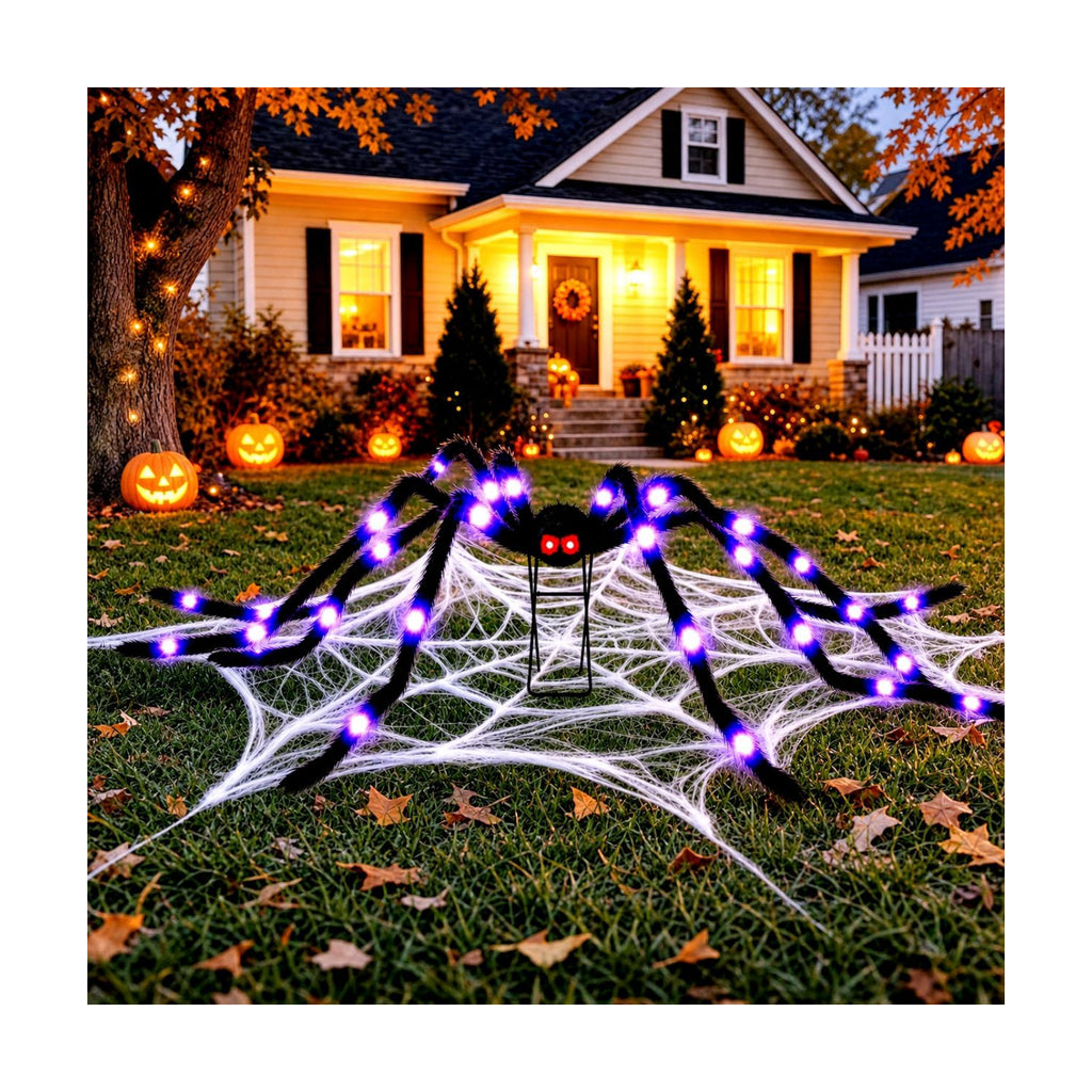 6.6 FT(Wide) Halloween Giant Spider with 9'' Metal Stand, 38 LED Lights, 8 Modes Light-Up Large Spiders Outdoor Decorations, Spooky Props for Yard, Lawn, Porch, Haunted House Décor