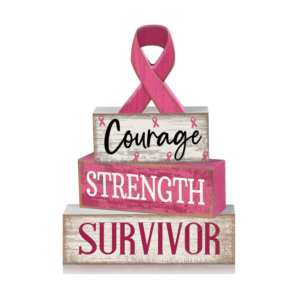 Moucuny 4 Pcs Breast Cancer Awareness Table Decoration Wooden Pink Ribbon