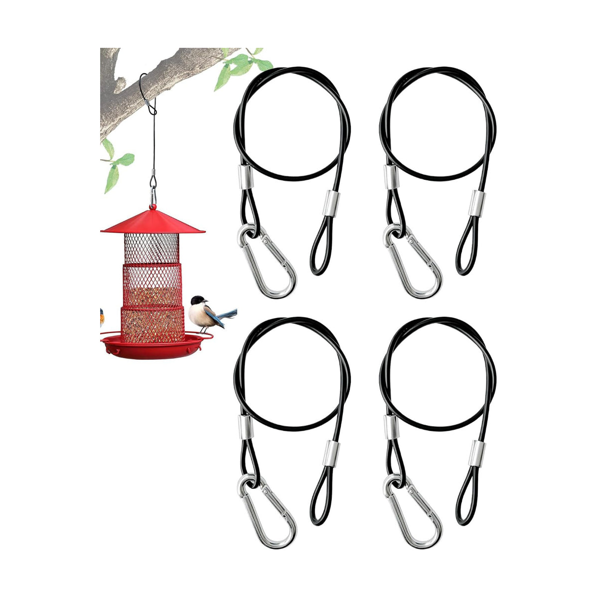 Bird Feeder Hanging Cable with Carabiner Hooks, Rust-Resistant Stainless Steel PVC Coated Wire Rope Chain for Tree Outdoor Garden Backyard Decor, 4 Pack 18 Inch