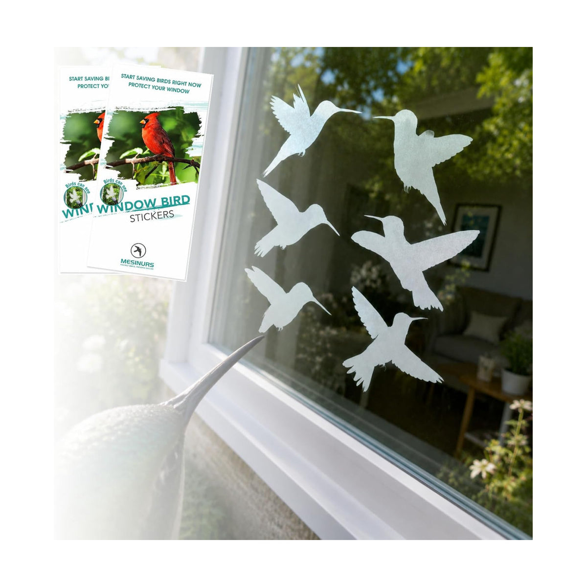 UV Reflective Window Bird Stickers, 12 Pcs Hummingbird Anti Collision Decals on 2 Sheets for Glass Doors and Windows