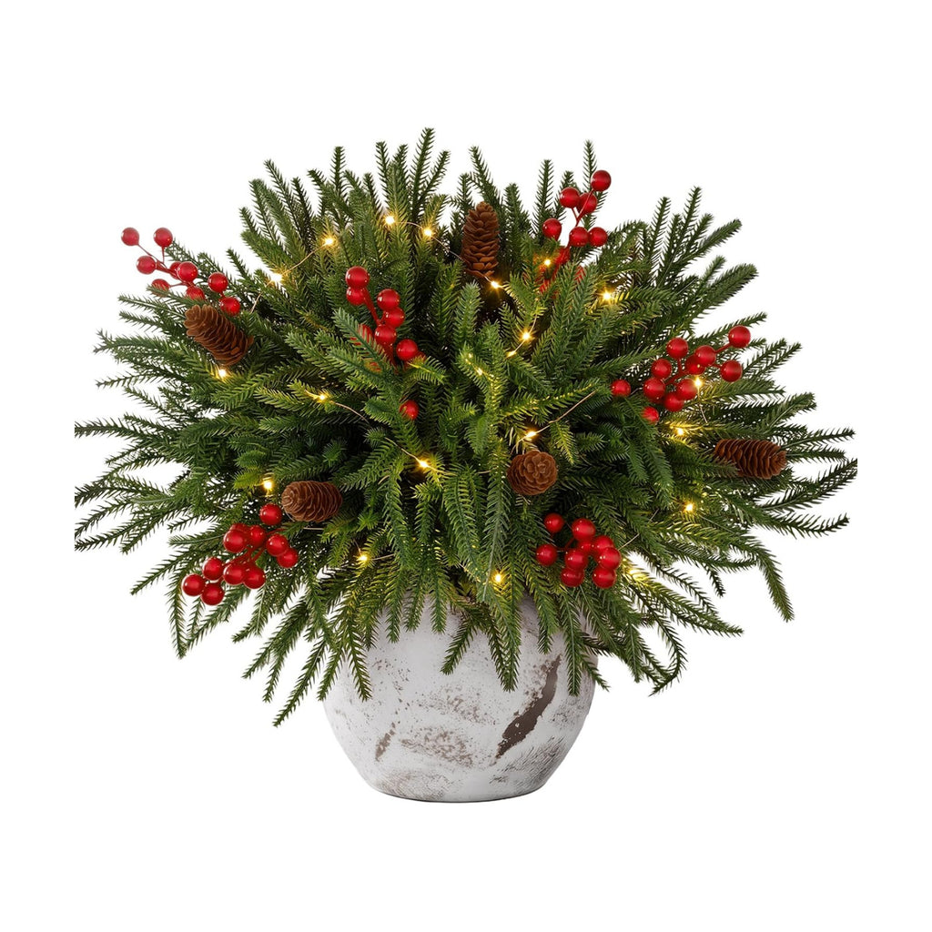 24 Piece Set: 12Pcs Norfolk Pine Branches with LED Lights, Red Berries