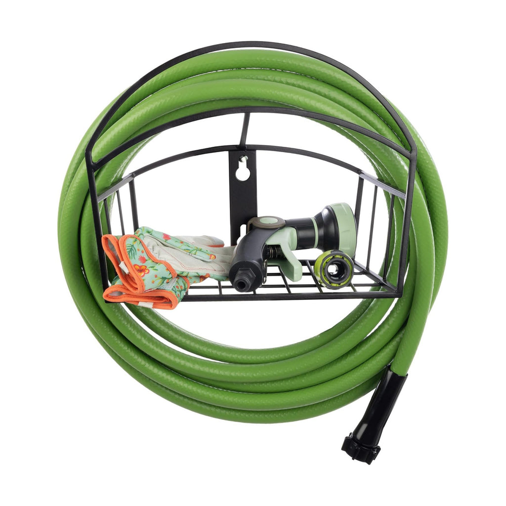 Garden Hose Holder Wall Mount with Storage Basket - Rust-Resistant Steel Outdoor Water Hose Hanger Hook for 100ft of