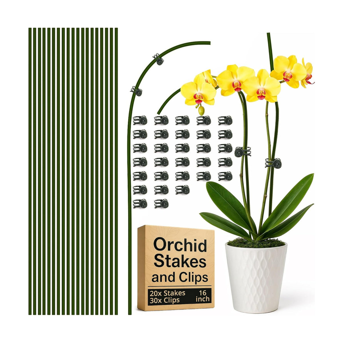 20pcs 16" Bendable Plant Support Stakes & 30 Clips- Orchid Stakes and Clips