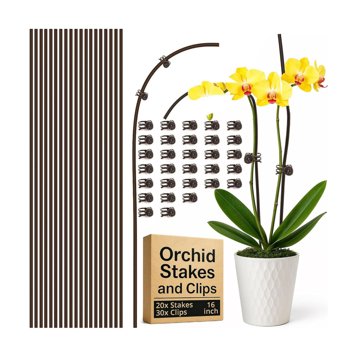 20pcs 16" Bendable Plant Support Stakes & 30 Clips- Orchid Stakes and Clips