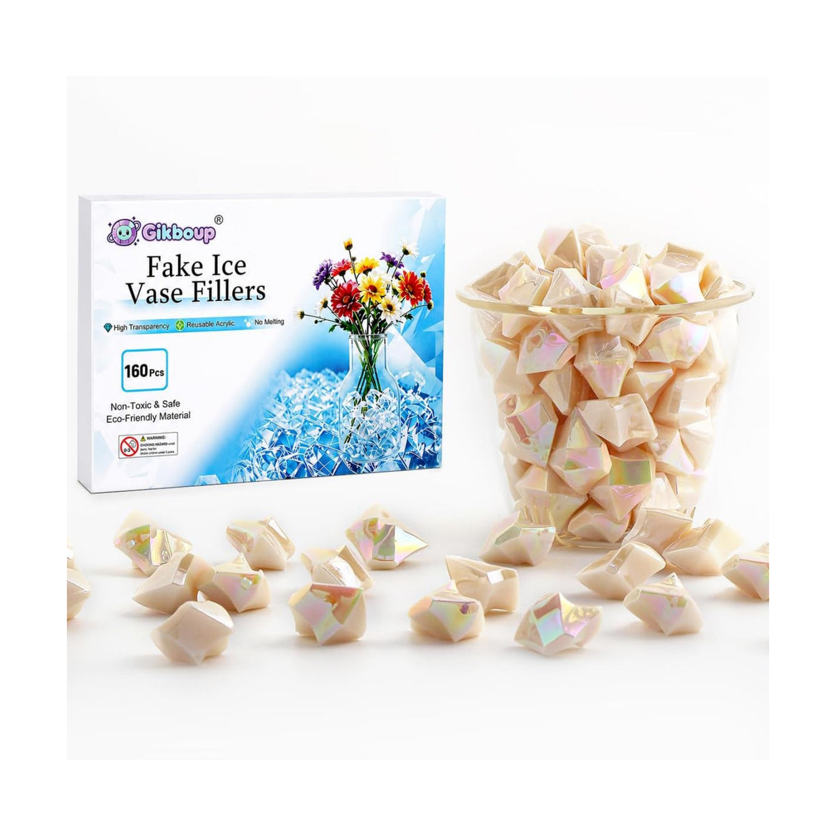 160-Piece Ivory White AB Acrylic Fake Ice Rocks, Vase Filler for Home Decor