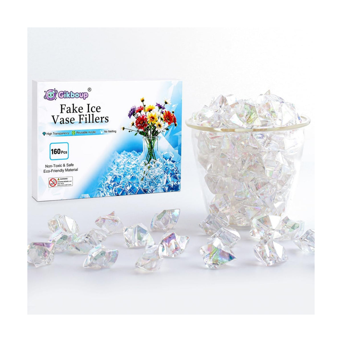 160-Piece Clear AB Iridescent Acrylic Fake Ice Rocks, Vase Filler for Decor