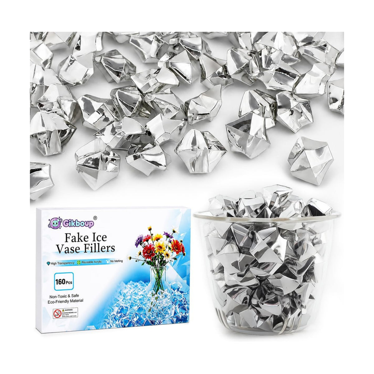 160-Piece Silver Finish Acrylic Fake Ice Rocks, Vase Filler for Table Decor