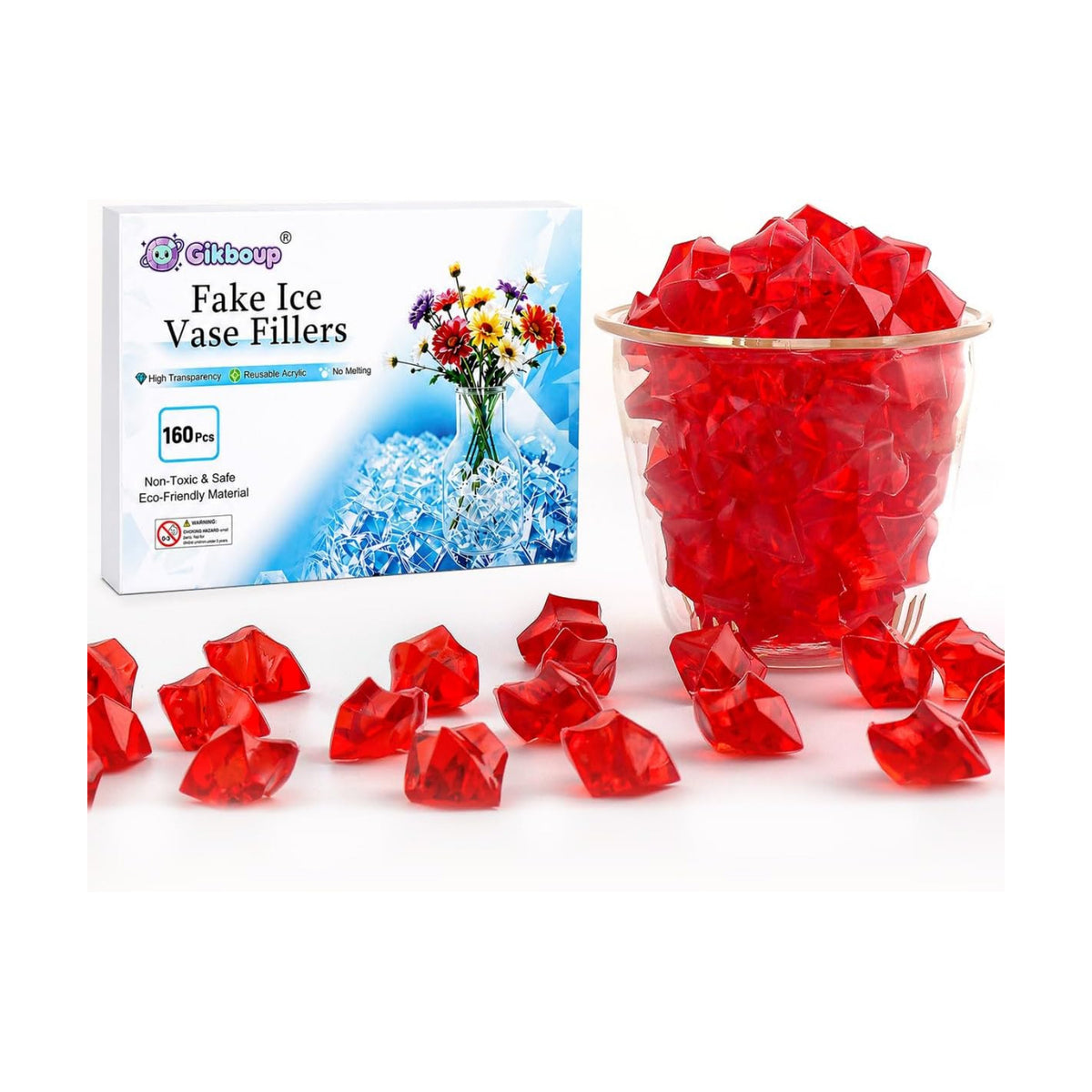 160 Pieces Red Acrylic Fake Ice Rocks, Vase Fillers for Wedding Table Decor
