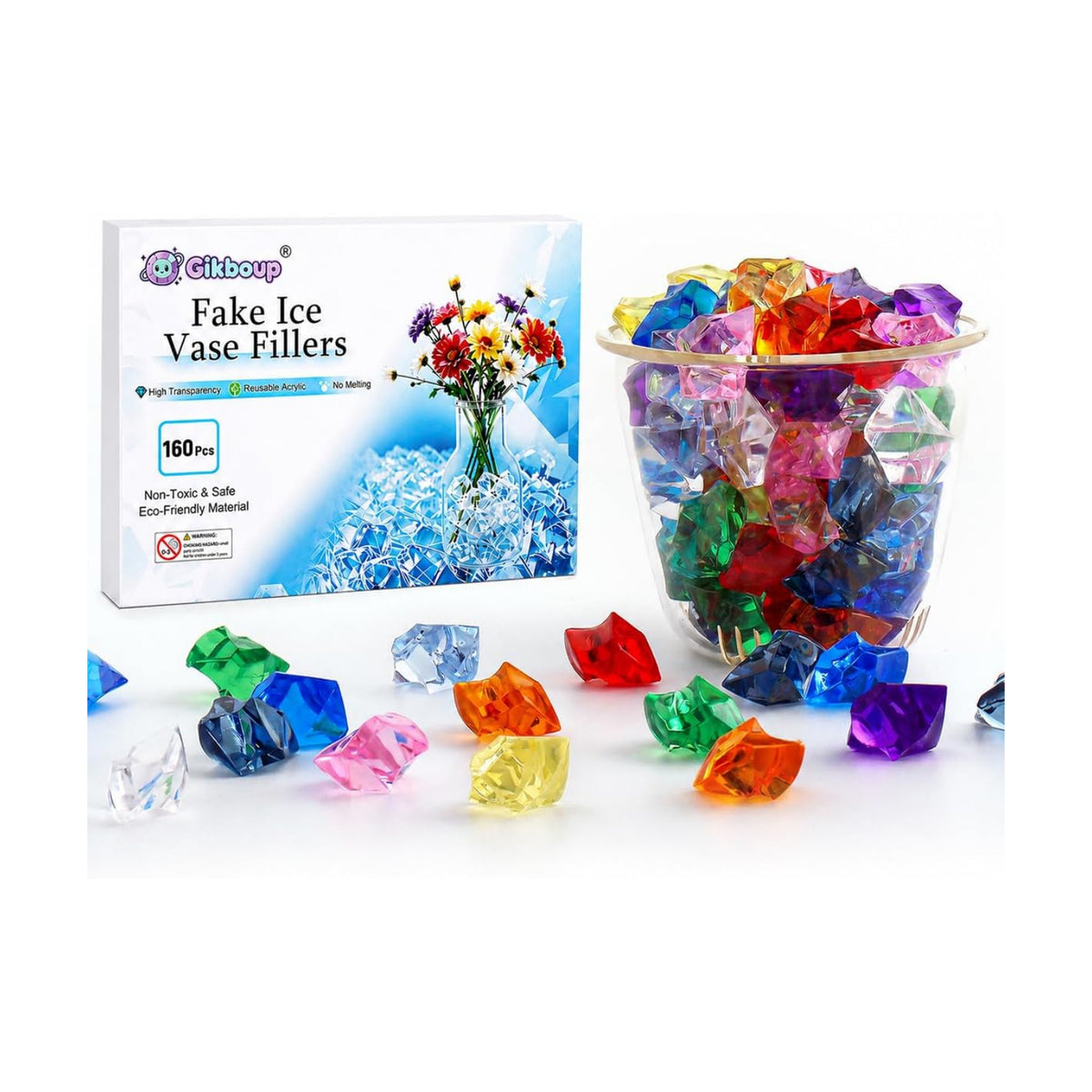 160 Pcs 10-Color Acrylic Fake Ice Cubes, Vase Filler Gems and Table Scatter