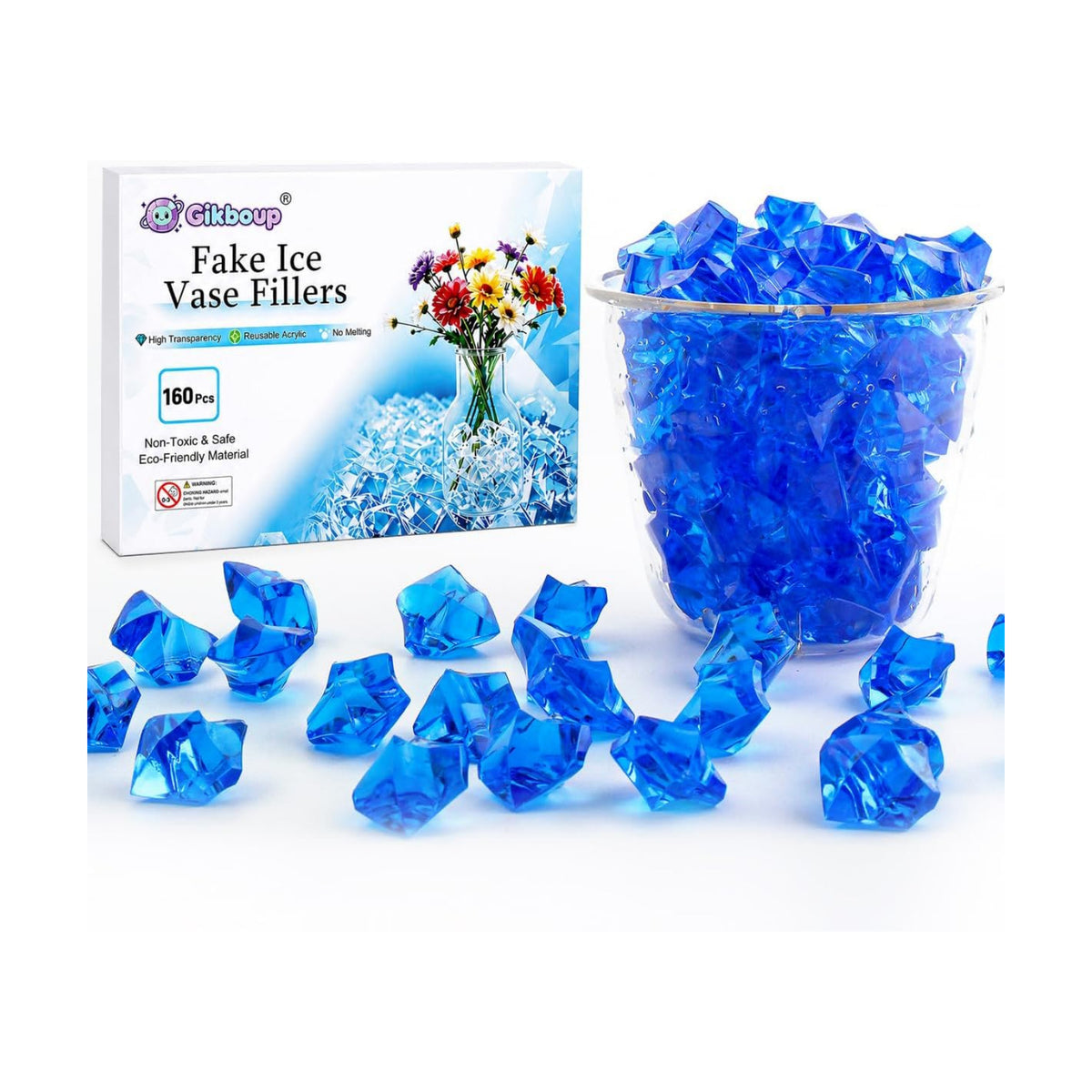 160PCS Blue Acrylic Ice Rocks, Fake Ice Cubes for Vase Fillers, Table Decor
