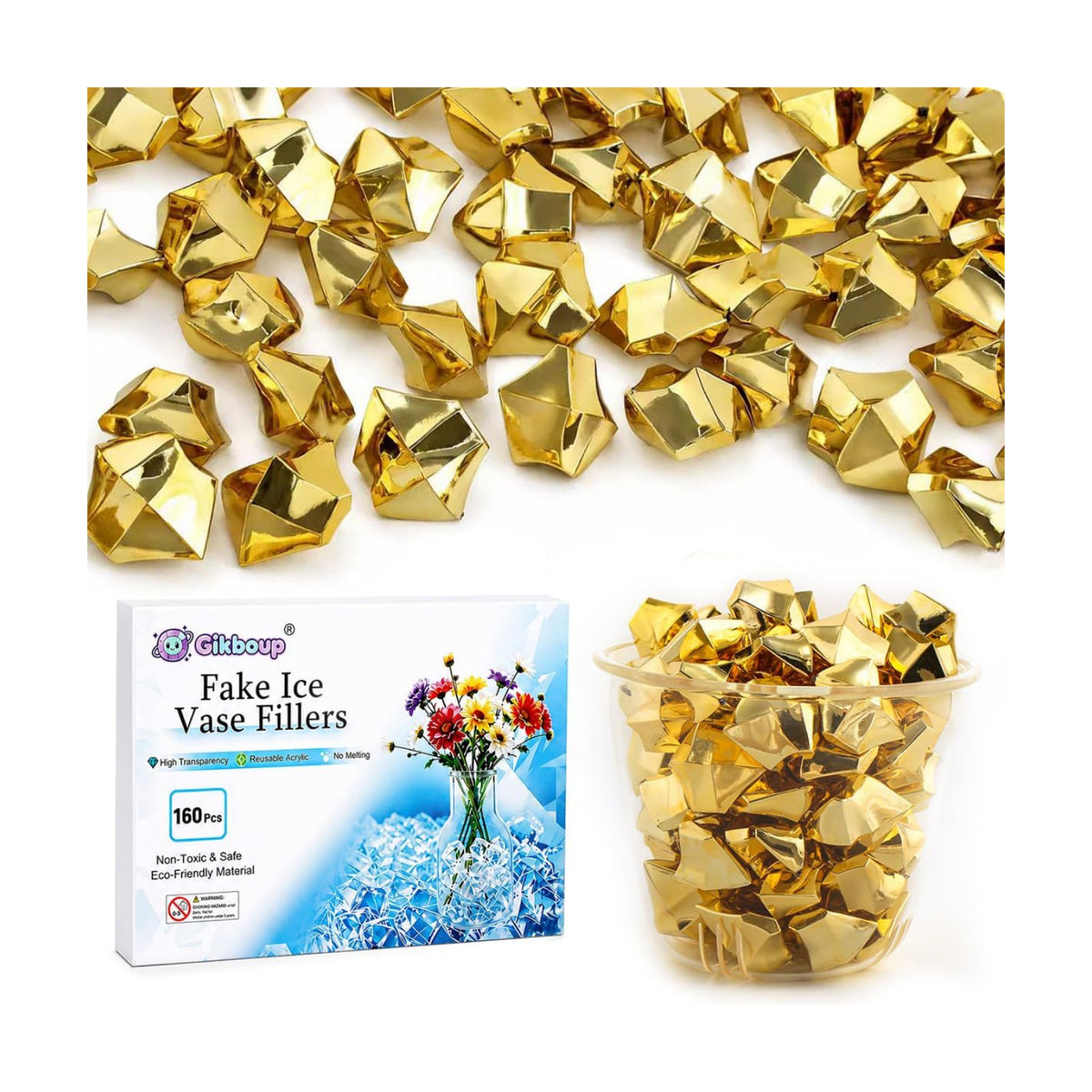 160 Pieces Gold Finish Acrylic Fake Ice Rocks, Vase Fillers for Table Decor