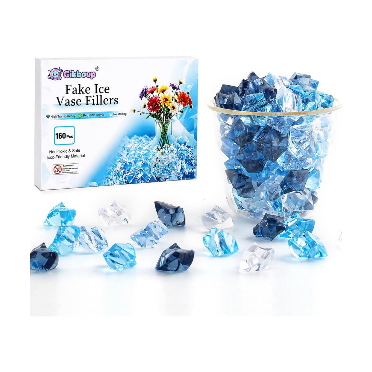 160 Pieces Mixed Blue Acrylic Fake Ice Rocks, Vase Filler for Table Scatter