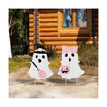 Glitzhome Halloween Ghost Yard Sign Set of 2, Cute Outdoor Ghost with Witch Broom & Pink Bow Pumpkin Outdoor Decorations, Halloween Metal Garden Stakes for Halloween Fall Autumn Lawn Decor