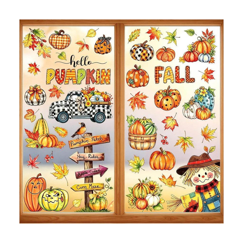 Fall Window Clings Maple Leaves Pumpkins Scarecrow Truck Autumn Harvest, 9 Sheets Thanksgiving Window Clings for Glass Windo Fall Decor Indoor Windo Decals