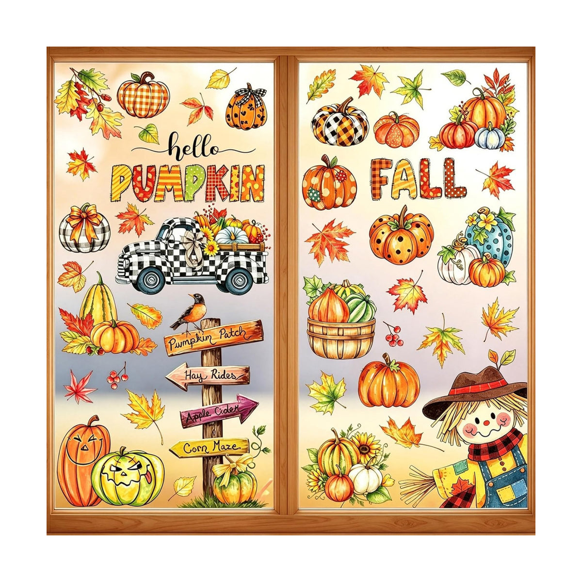 Fall Window Clings Maple Leaves Pumpkins Scarecrow Truck Autumn Harvest, 9 Sheets Thanksgiving Window Clings for Glass Windo Fall Decor Indoor Windo Decals