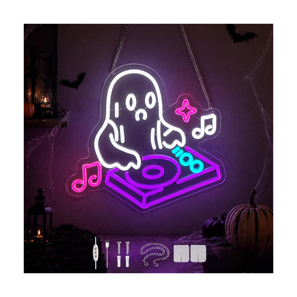 DJ Ghost Halloween Neon Sign, Dimmable LED Music Neon Sign for Wall Decor