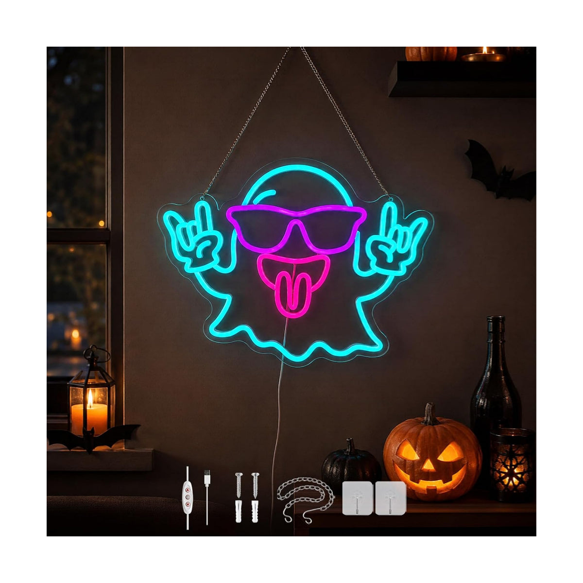 Rock Ghost Halloween Neon Sign, Dimmable LED Ghost Neon Sign for Wall Decor