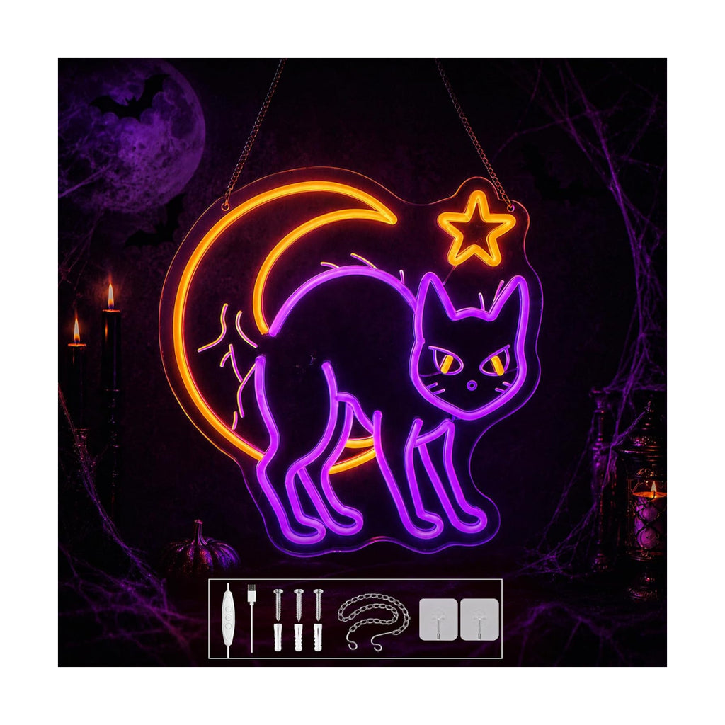 Mystic Cat & Moon Halloween Neon Sign, Dimmable Neon Signs for Wall Decor