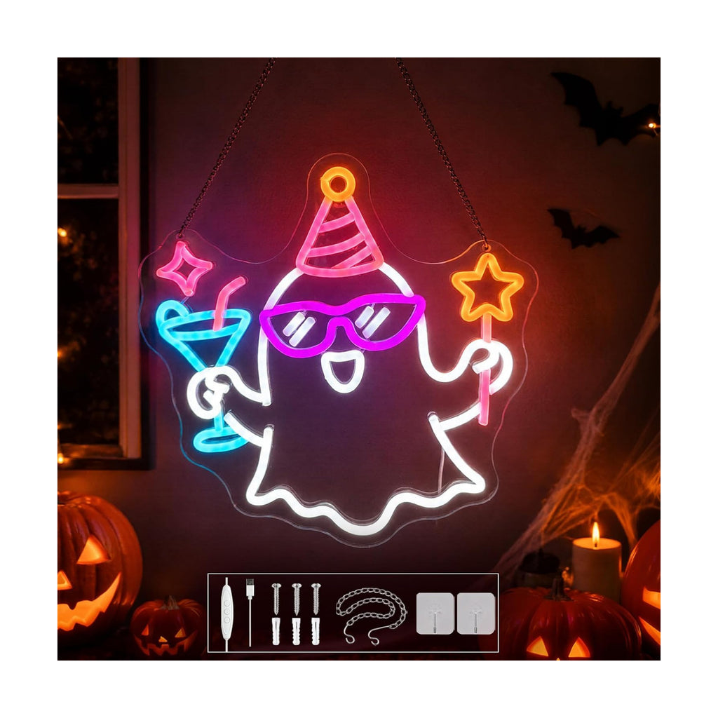 Party Ghost Halloween Neon Sign, Dimmable LED Neon Sign for Halloween Party