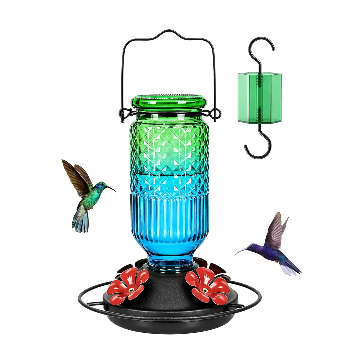FEED GARDEN Glass Hummingbird Feeder for Outdoors, Leak-Resistant, 16 oz