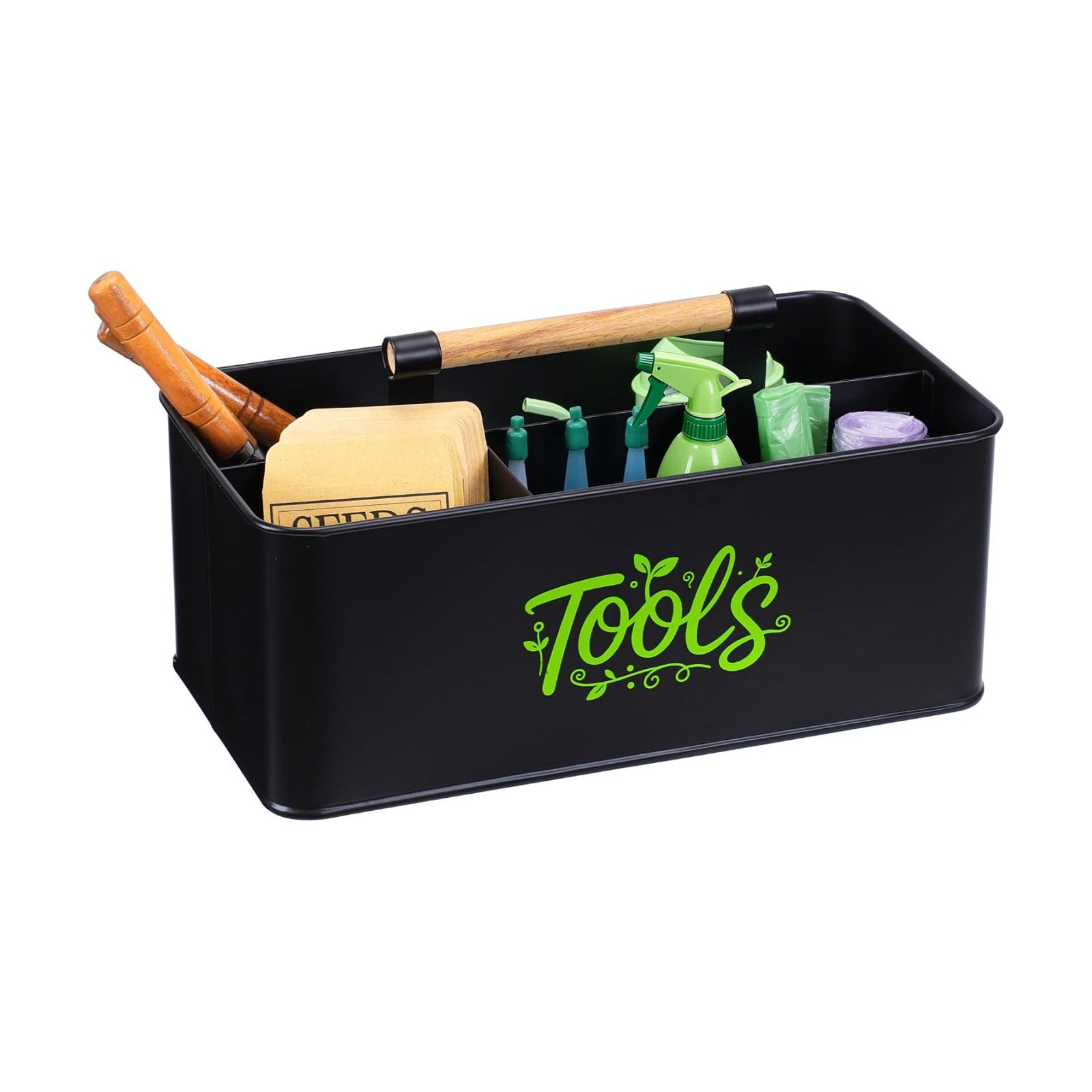 Gardening Tool Caddy, Wooden Handle and 4 Compartments | Metal Black Garden Tool Basket, Large Capacity Garden Caddy