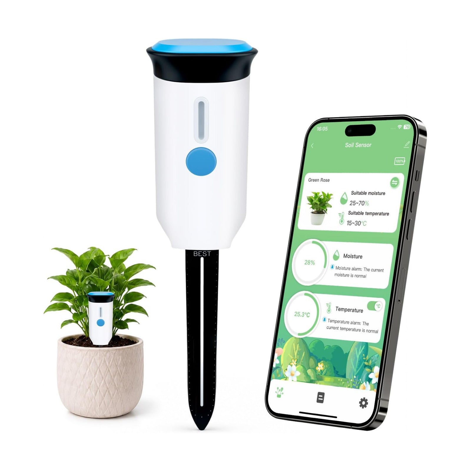 Mcbazel WiFi Smart Soil Tester, No Hub Needed, Tuya/Smart Life App | Soil moisture & air temp, IP66 waterproof, 2 AA