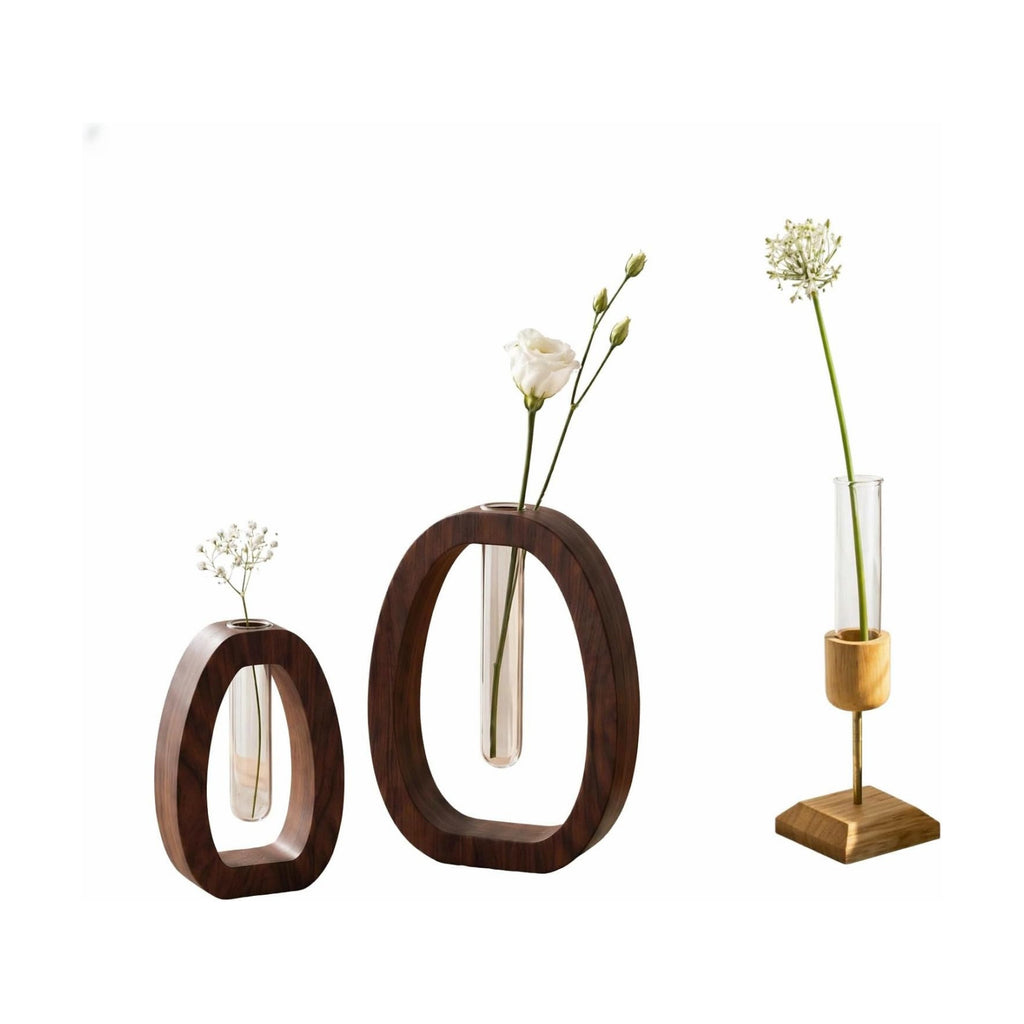 Walnut Wood Propagation Station Set of 3 Hydroponic Test Tube Vases Solid Wood Frame Glass Test Tube Vase Plant Station