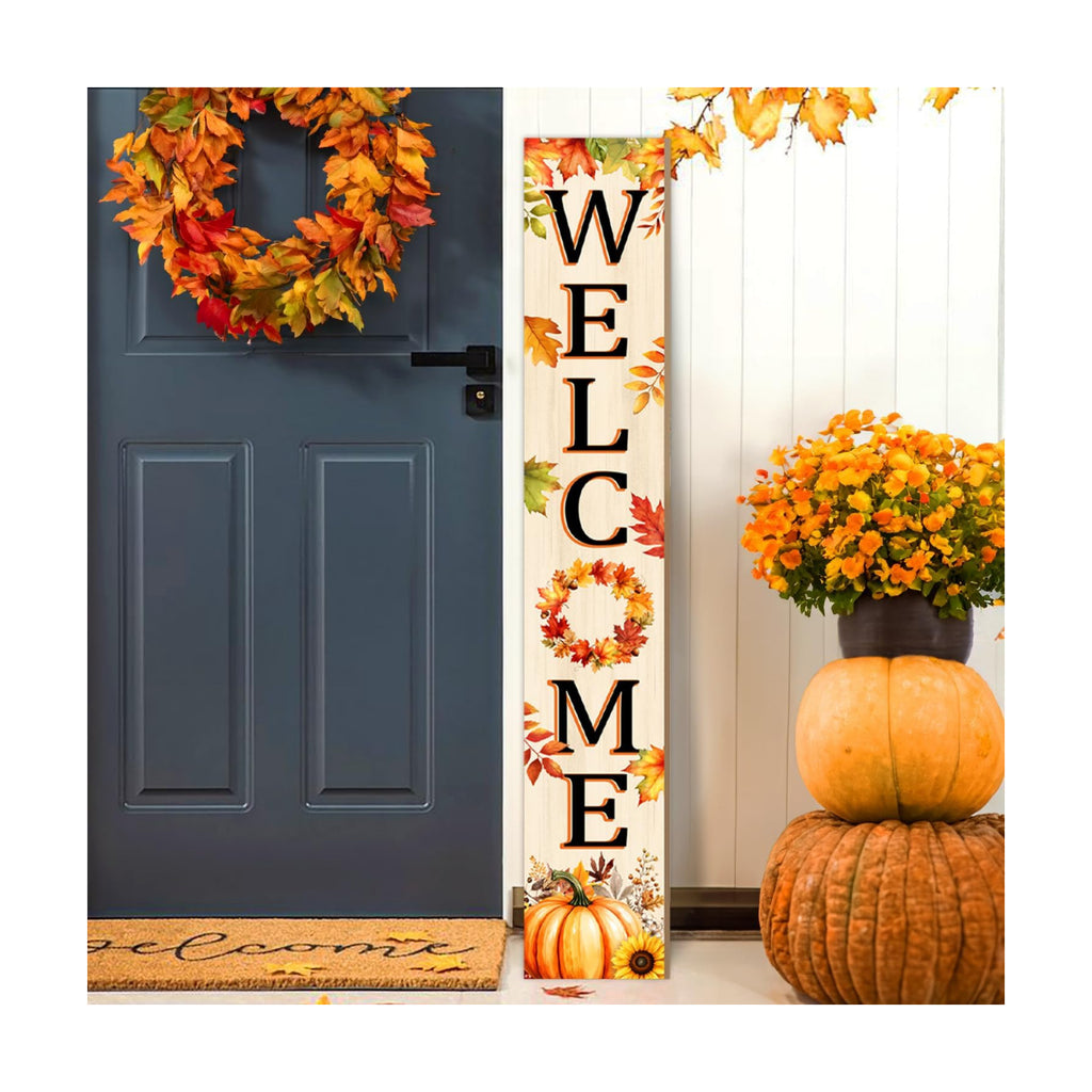 Fall Leaves Welcome Sign for Front Door, 47'' Autumn Porch Sign Farmhouse Warm Greeting Wooden Door Sign Rustic Vertical Porch Sign Pumpkin Standing Welcome Yard Signs for Patio Outdoor Indoor
