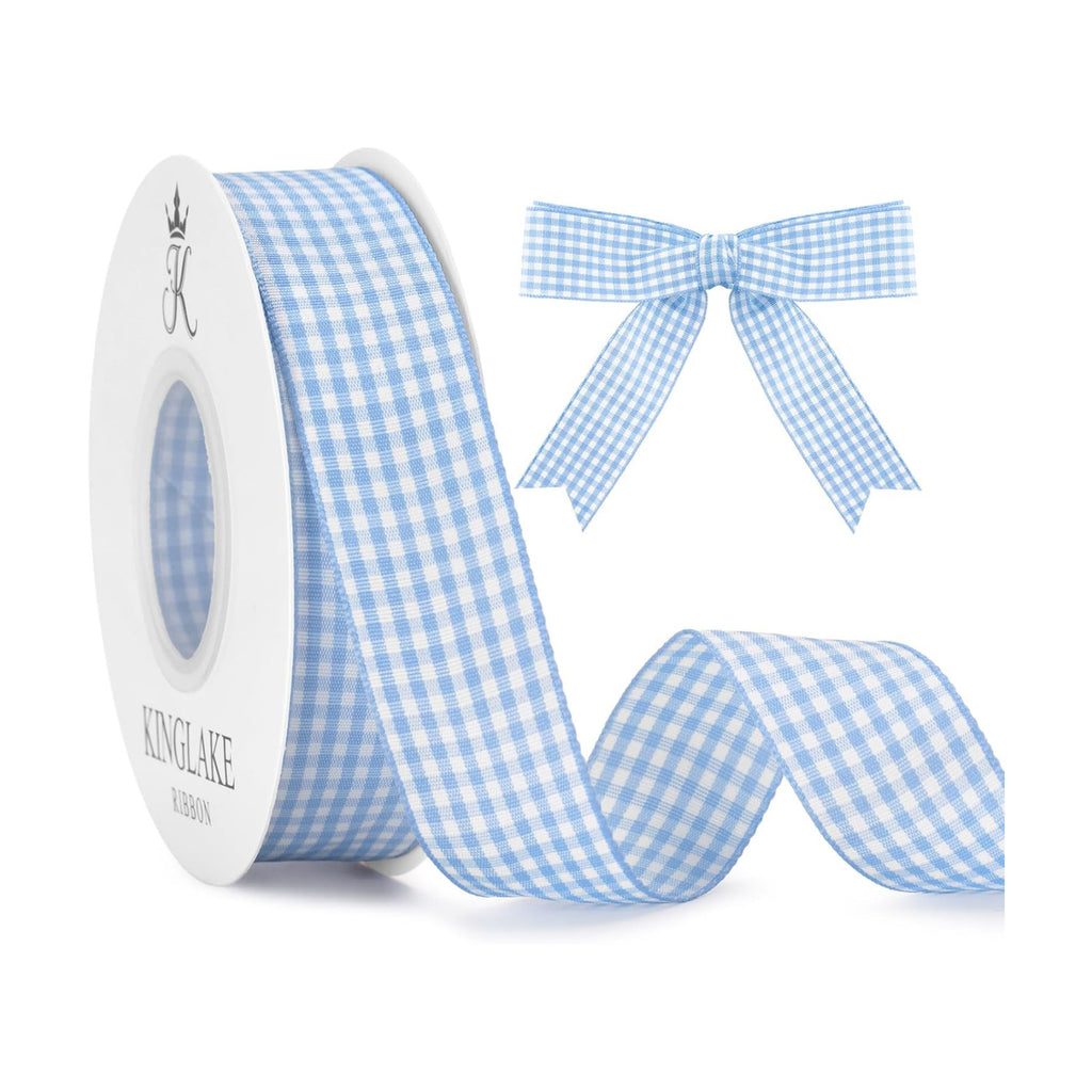 KINGLAKE Light Blue Gingham Ribbon - 1'' x 25 Yds Blue Plaid Ribbon