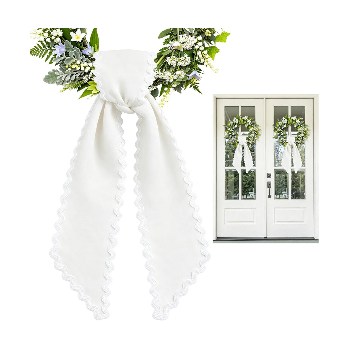 Wreath Sash for Front Door, 2pcs White Wreath Scarf with White Trim
