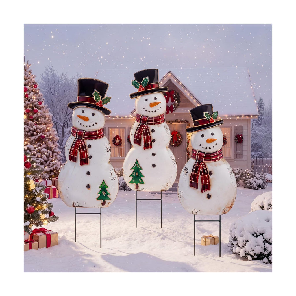 Amyhill 3 Pcs Christmas Outdoor Decor Snowman Metal Garden Stakes