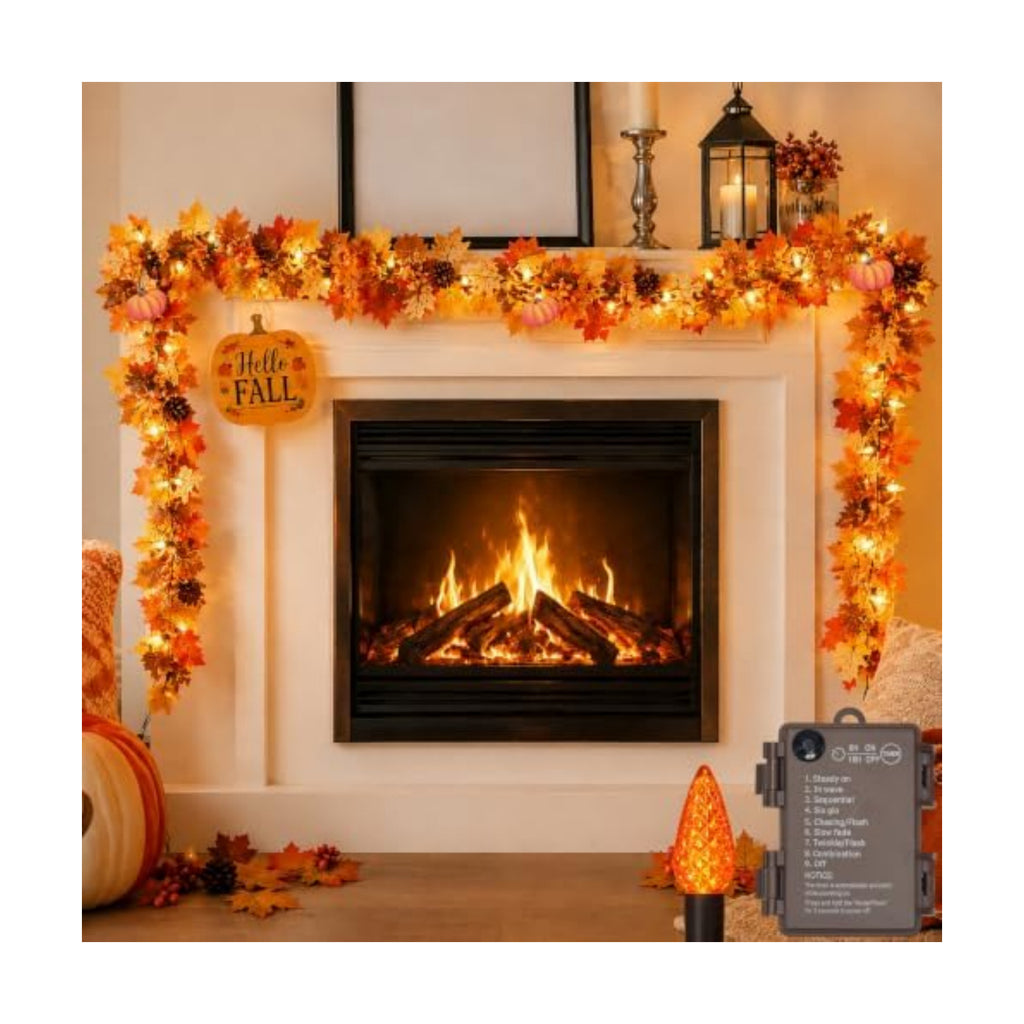 10Ft Lighted Fall Garland with Battery Operated C6 Orange Lights, Extra Long Maple Leaf Garland with Pumpkin Wood Signs, Pinecones & Yellow Berries, Thanksgiving Autumn Decor Indoor Outdoor