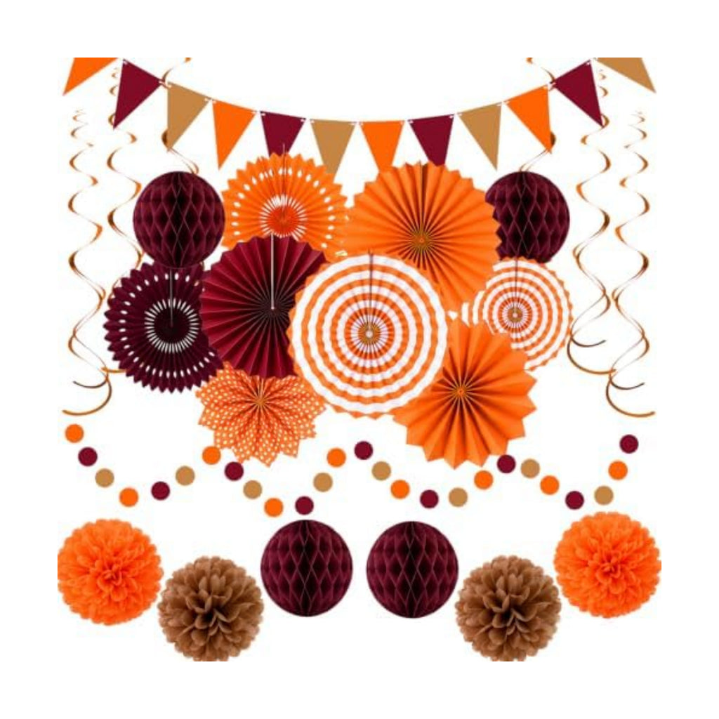 24 Pcs Fall Party Decorations, Burgundy Orange Paper Fans and Pom Poms Set