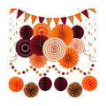 24 Pcs Fall Party Decorations, Burgundy Orange Paper Fans and Pom Poms Set