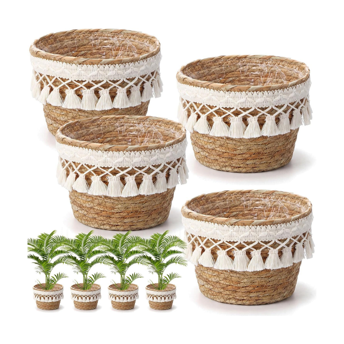 4 Pcs Straw Plant Baskets with Tassel, Indoor Rattan Woven Flower Baskets with Plastic Liner, Cattail Plant Planter for Indoor Outdoor Rustic Boho Home Farmhouse Floor Potted Pots Decor