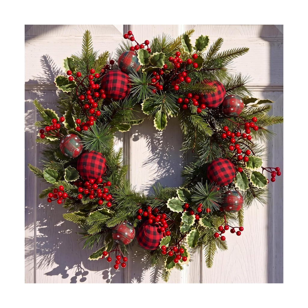 Tartan Plaid Christmas Wreath for Front Door Cedar Wreath with Holly Berry