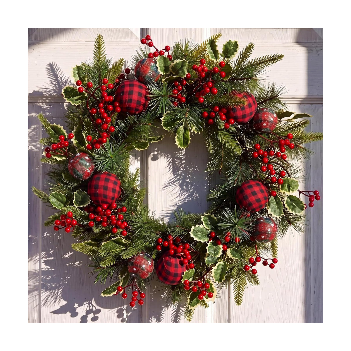 Tartan Plaid Christmas Wreath for Front Door Cedar Wreath with Holly Berry