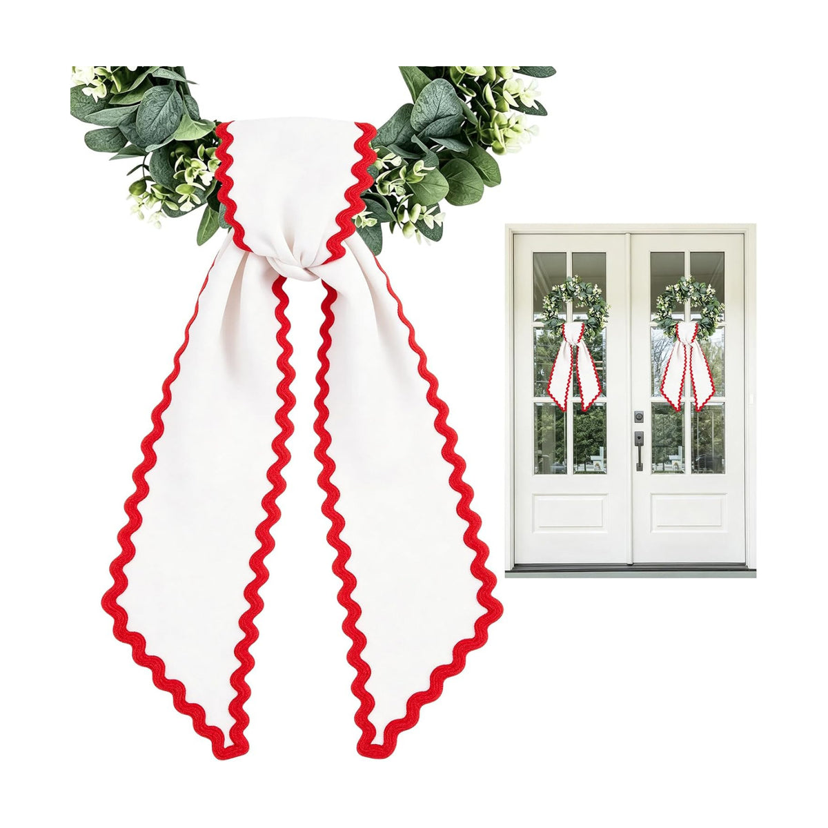 Wreath Sash for Front Door, 2 pcs Scalloped Wreath Ribbon for Porch